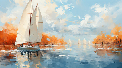 watercolor drawing, autumn landscape sailing boat on the marina, orange shades of Indian summer on the lake - 792723099