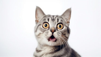 a frightened cat, an emotional portrait of fear isolated on a white background, a cat with big eyes is afraid - 792723298