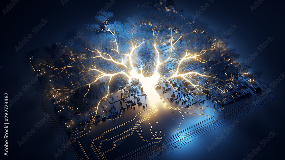 Poster background concept is artificial intelligence, a symbol of nature and growth, a tree of life and a b