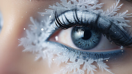 macro eye, winter vision, frost on eyelashes winter makeup - 792723406