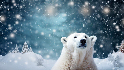 polar bear on Christmas background with lights and blurred bokeh, happy new year letterhead with copy space - 792723478