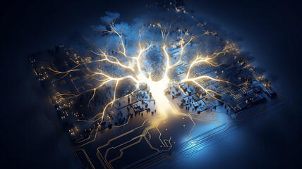 background concept is artificial intelligence, a symbol of nature and growth, a tree of life and a brain integrated and combined with a computer chip, fictional graphics - 792723487