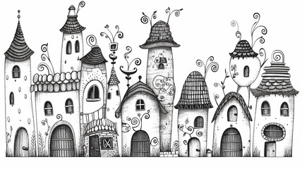doodle black and white illustration outline of small houses for children's coloring, empty silhouettes of fictional abstract fairy-tale small houses - 792723653