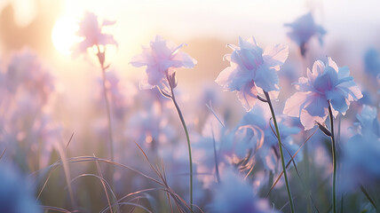 delicate soft pastel blue flowers in the morning mist, light blue irises on a wild field in the pink tones of spring - 792723676