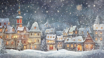 small houses snowfall design background, illustration christmas background, abstract village in heavy snowfall, blurry winter view of falling snow - 792723677