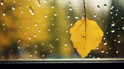 yellow wet leaf on an autumn window in the rain, a background with  copy space, an abstract view from the window in October - 792723687