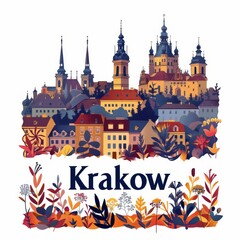 Kraków City Abstract Illustration with Botanical and Folk Art Themes

