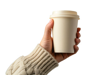 Woman's hand holding a take away white coffee cup isolated on a cut out PNG transparent background