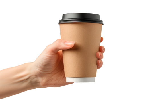 Woman's hand holding a take away coffee carboard cup isolated on a clipped PNG transparent background