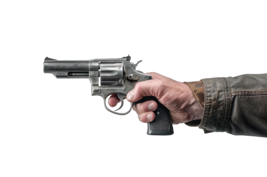 Man's hand holding a gun isolated on a cutout PNG transparent background