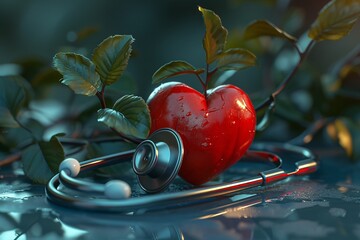 High-resolution image depicting a red heart and stethoscope amidst vibrant green plants, showcasing concepts of love and healthcare - Powered by Adobe