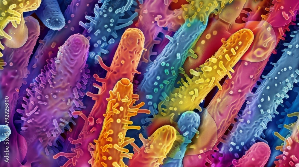 Poster a vibrant display of colorful bacterial colonies growing side by side forming a mesmerizing pattern 