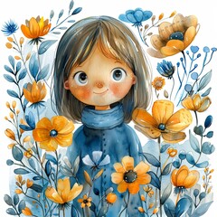 A cute watercolor illustration of a girl standing in a field of flowers. The girl is wearing a blue dress and has brown hair. The flowers are yellow, blue, and white. The background is white.