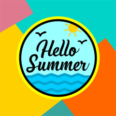 Beach Summer 2024 bright greeting banner.  Hello Summer on colors geometric background.Vector Illustration. Beach Holidays. Handwritten calligraphy design.
