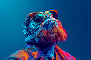 Striking portrait of a bearded dragon in neon light, wearing sunglasses and exuding a cool urban vibe, with a deep blue background. - 792726085