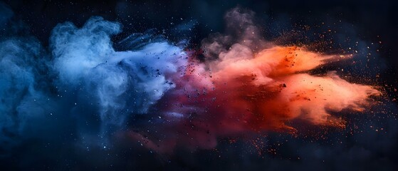 Colorful powder explosion on black background creates dynamic visual chaos. Concept Colorful explosion, Powder photography, Visual chaos, Black background, Dynamic imagery