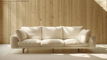 Luxurious and minimalistic design showcased by a plush white sofa against a wooden background in a well-lit room