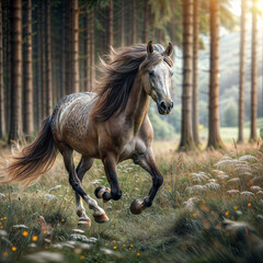 there is a horse that is running in the grass, horse is running, beautiful horse, beautiful serene horse, beautiful high resolution, horse, mane, galloping, beautiful lady, galloping through the fores