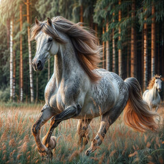 there is a horse that is running in the grass, horse is running, beautiful horse, beautiful serene horse, beautiful high resolution, horse, mane, galloping, beautiful lady, galloping through the fores
