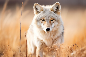 Alert Coyote at the Rocky Mountain Arsenal National Wildlife Refuge near Denver, Colorado, USA; Colorado, United States of America (Canis latrans)