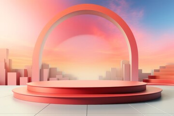 3d rendering of a pink podium with a pink archway in the background.
