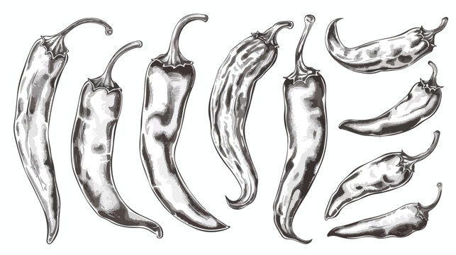 Hand drawn chili peppers. Graphic vector set. Chalkbo