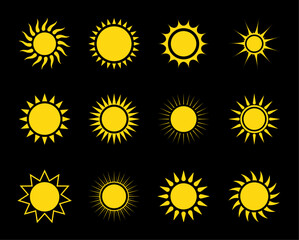 Sunny logo. Sun icon set. Summer symbol design. Black background.