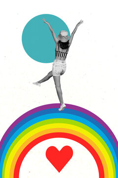 Trend artwork sketch image composite photo collage of young happy lesbian lady stand back walk go on huge rainbow heart love feeling free