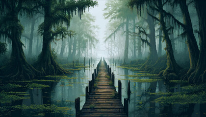 Mystic Swamp Pier in Pixel Art Perspective, Pixel art depiction of a solitary pier leading through a serene, mist-covered swamp lined with towering, moss-draped trees. - obrazy, fototapety, plakaty