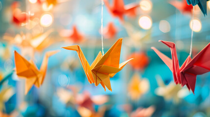 Colorful origami cranes hanging from a string, a symbol of peace.