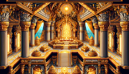 Fototapeta premium Lavish Pixel Art Ancient Palace Interior, with ornate golden columns, intricate details, and a radiant central throne.