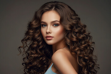 Portrait of beautiful young woman with long curly hair. Brunette girl with makeup and hairstyle.