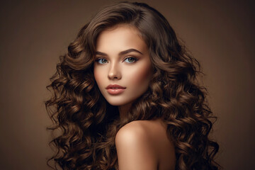 Beautiful woman with long curly hair. Luxury hairstyle.