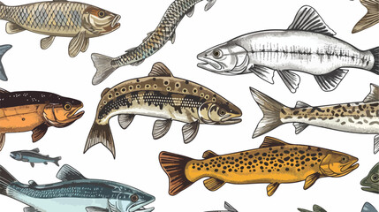 Hand drawn fish. Pike trout and carp. Colored graphic