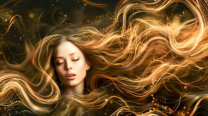 Fantasy Woman with Golden Swirling Hair Digital Artwork - Stock Image