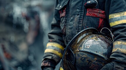 A powerful portrait of a firefighter wearing a black armband and holding a helmet symbolizing remembrance and loss within the fire department. . - obrazy, fototapety, plakaty