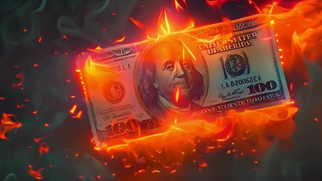 A dollar bill is burning, a highquality photo with an isolated background. The banknote glows in the flames of fire