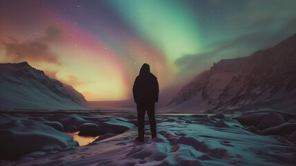 A person standing in the snow, looking up at the mesmerizing aurora borealis in the night sky. Copy space. Wallpaper. - obrazy, fototapety, plakaty