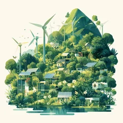 Foto op Plexiglas Ecofriendly landscape with wind turbines, solar panels and greenery, featuring waterways and sustainable buildings.  © Photo And Art Panda