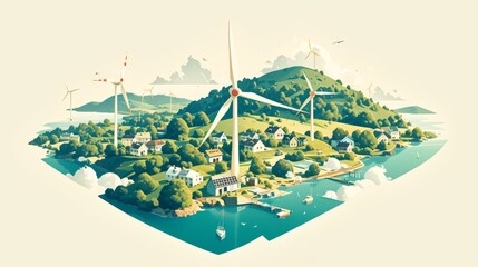 Ecofriendly landscape with wind turbines, solar panels and water pipes in the background. In front is a small river flowing into sea, surrounded by greenery, houses and boats