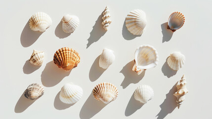 Aesthetic top view of white seashells on light background. Sun rays and shadows, minimalist sea concept. Generative AI