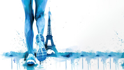 Blue illustration of woman legs running sport at eiffel tower paris