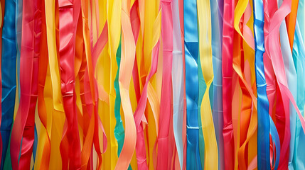 Colorful ribbons cascading down, creating a vibrant backdrop.