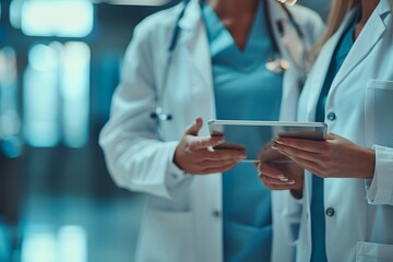 Hands of two doctors together discussing with the medical report on the tablet about the diagnosis.
