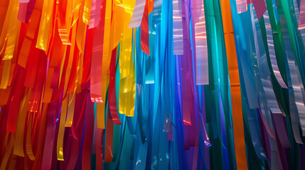 Colorful ribbons cascading down, creating a vibrant backdrop.