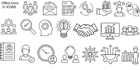  Office web icons in line style. Employe, conference, project, document, business, work, support, contact us, productivity strategy, collection. Vector illustration.