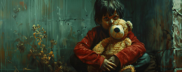 Fototapeta premium child huddled in a corner with tear-streaked cheeks. clutching a teddy bear for comfort amidst the chaos of a violent family environment.