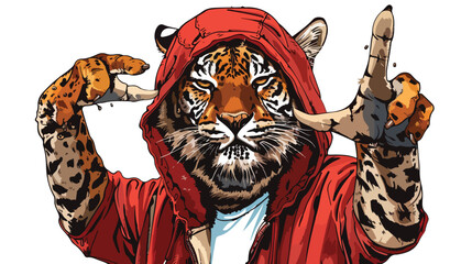 Finger Horns gesture Face in red Leopard hood roaring