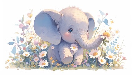 A cute baby elephant with big eyes, surrounded by flowers and leaves in watercolor style