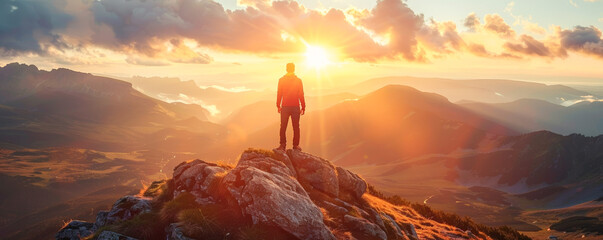 A man stands on a mountain top, looking out at the horizon - obrazy, fototapety, plakaty